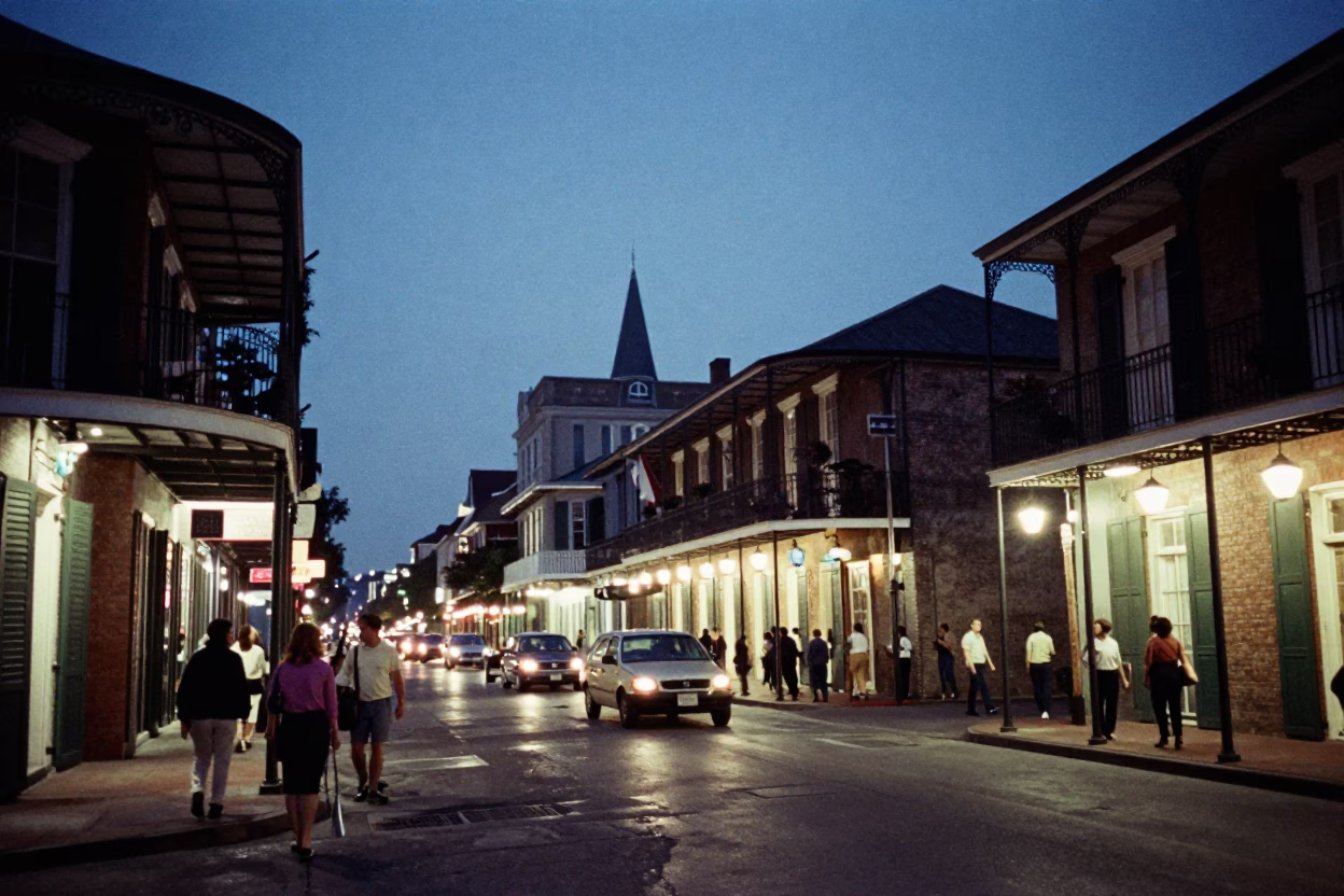 New Orleans French Quarter Street Scene at Dusk with City Lights and Historic Architecture in in New Orleans, Louisiana, United States