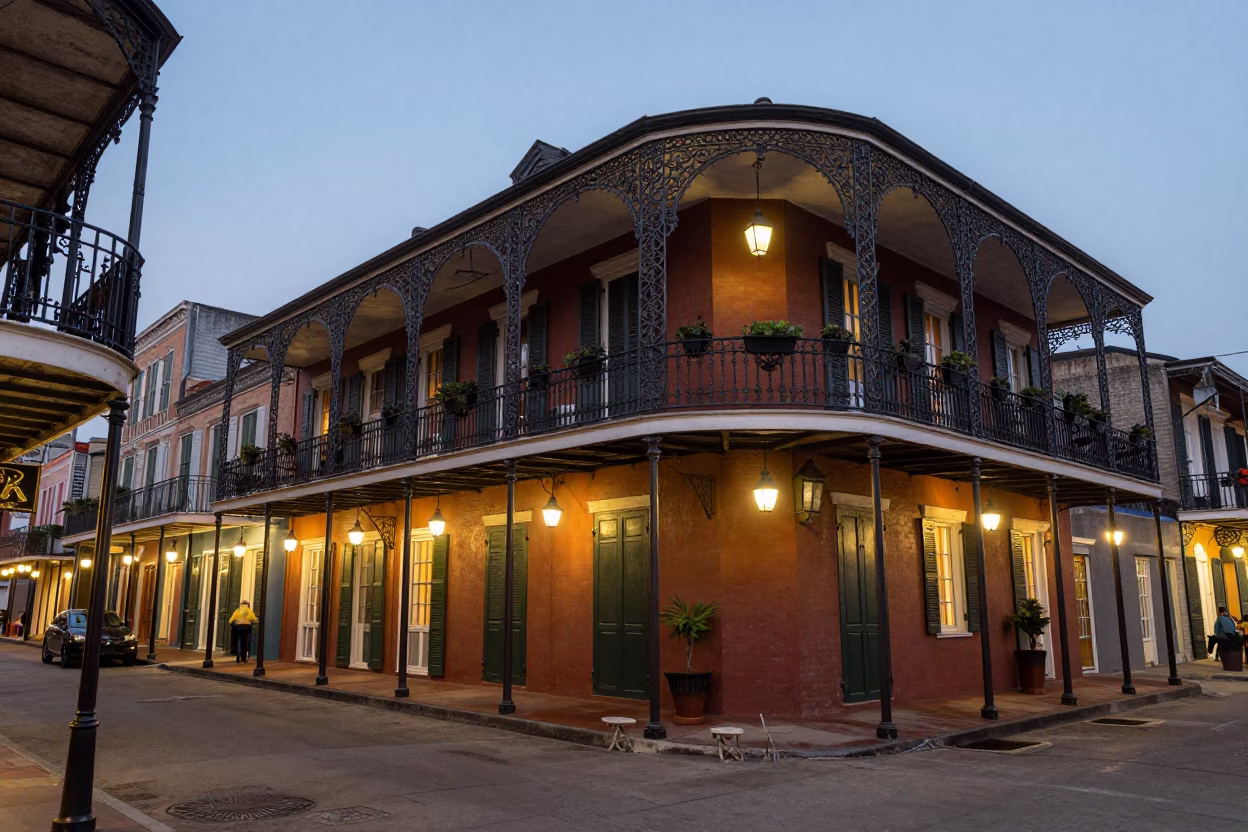 New Orleans French Quarter Street Scene at Dusk with Iron Balconies and Magnolia Tree in in New Orleans, Louisiana, United States