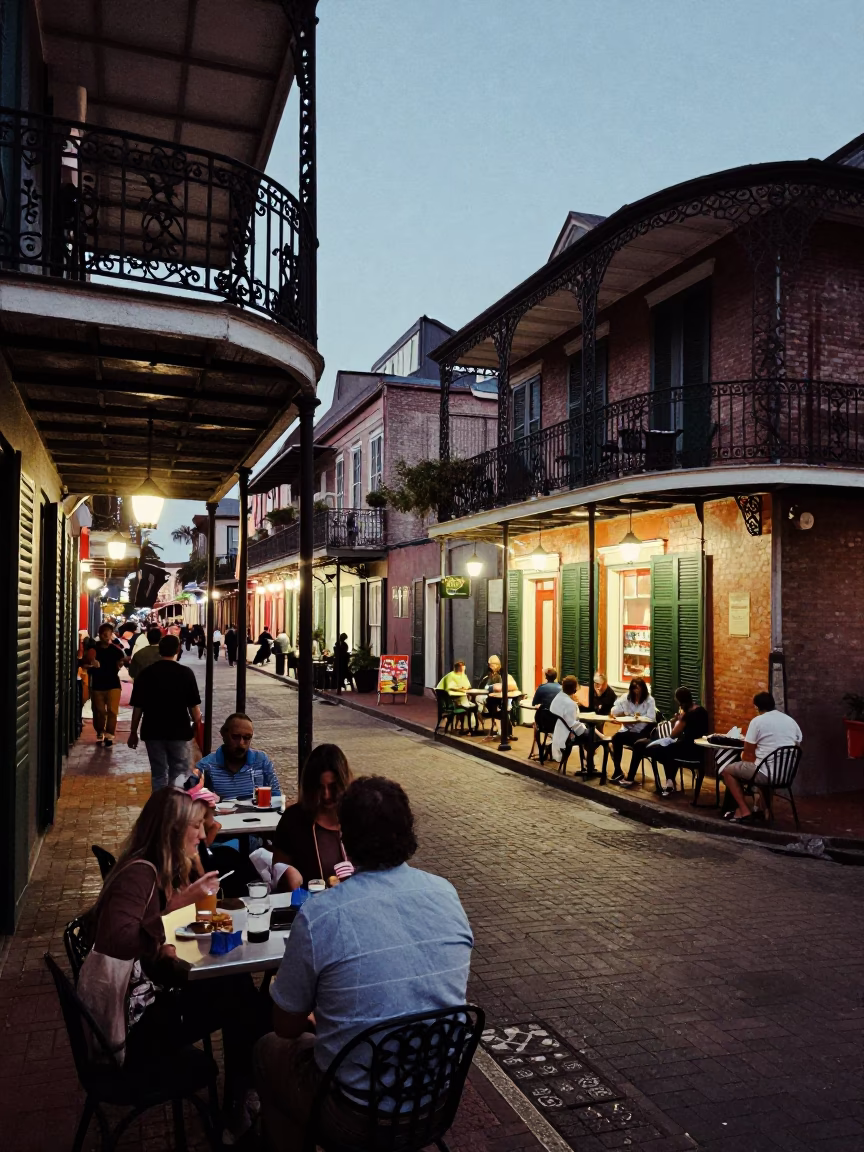 New Orleans French Quarter Street Scene at Dusk with Local Diner and Neon Lights in in New Orleans, Louisiana, United States
