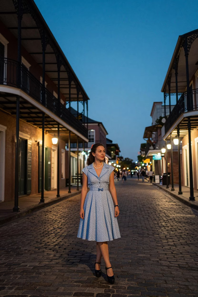 New Orleans French Quarter Street Scene at Dusk with Vintage Fashion and Local Details in in New Orleans, Louisiana, United States
