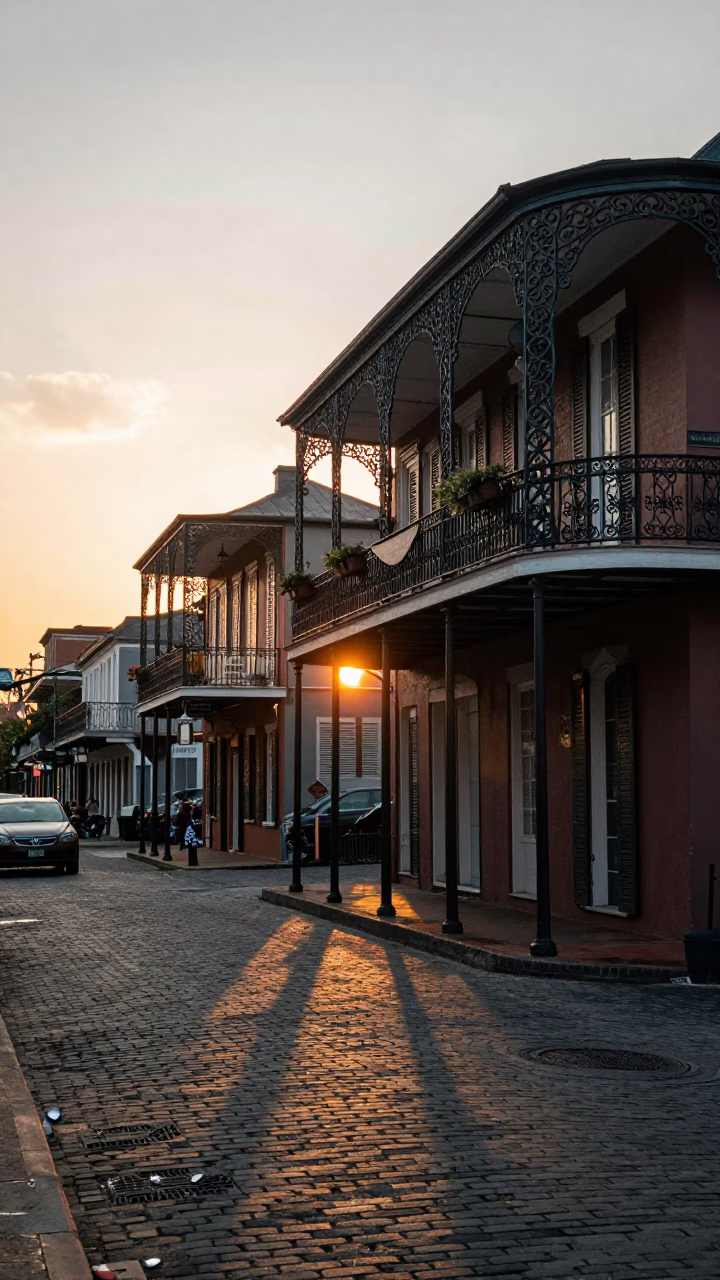 New Orleans French Quarter Street Scene at Sunset with Ceramic Tiles and Wicker Details in in New Orleans, Louisiana, United States