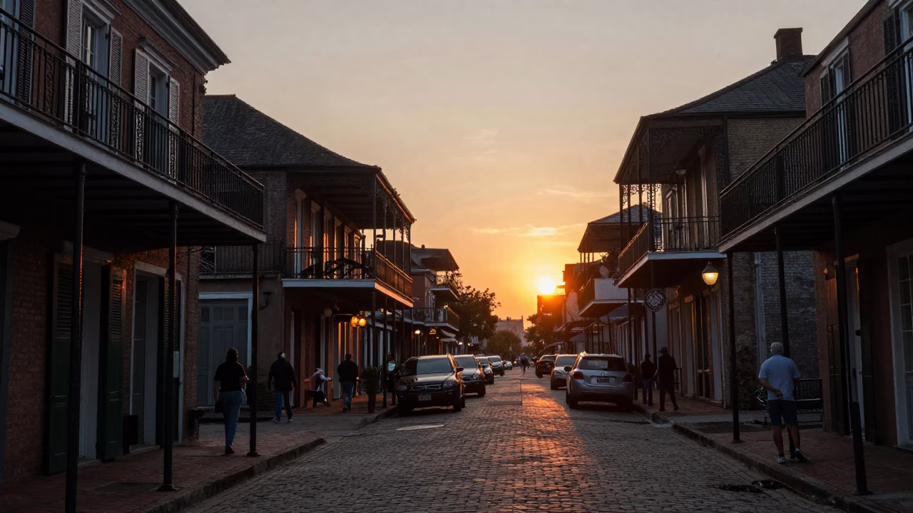 New Orleans French Quarter Street Scene at Sunset with Heritage Tram and Colorful Architecture in in New Orleans, Louisiana, United States