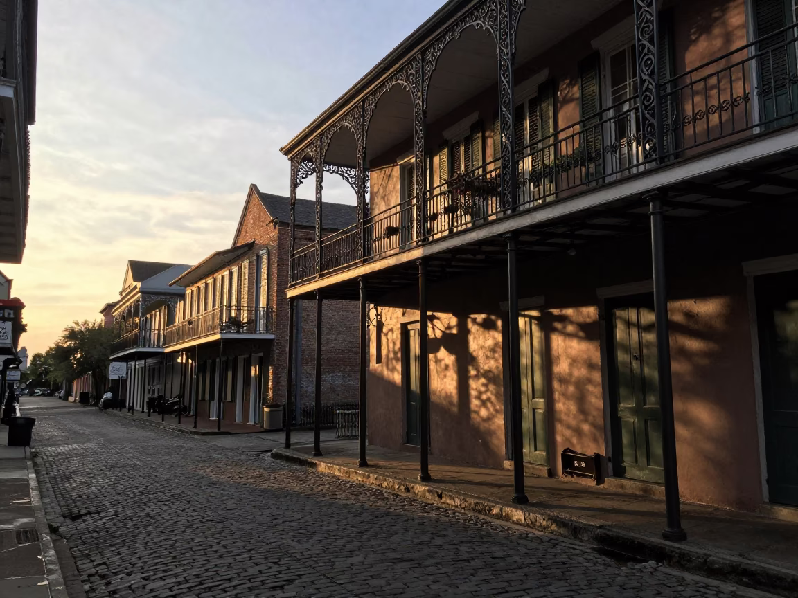 New Orleans French Quarter Street Scene at Sunset with Historic Architecture and Cobblestone Alley in in New Orleans, Louisiana, United States