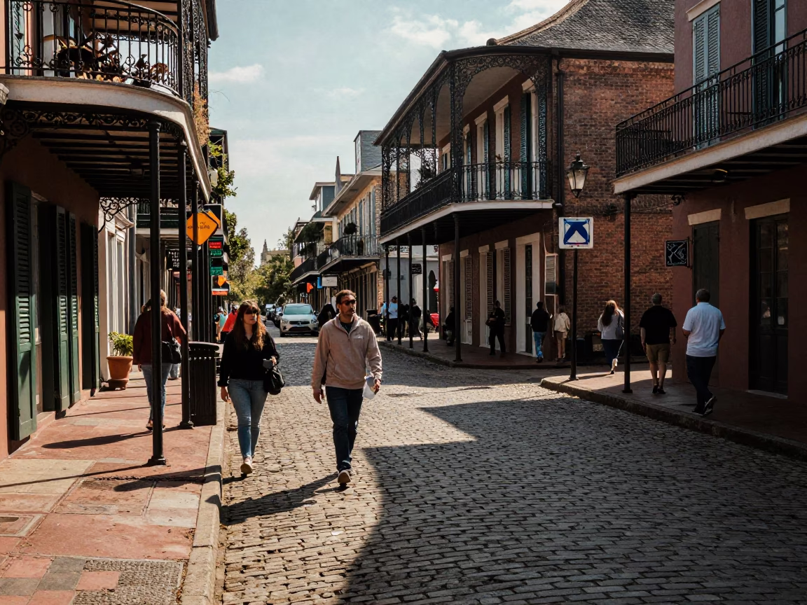 New Orleans French Quarter Street Scene Late Afternoon Light with Local Life in in New Orleans, Louisiana, United States