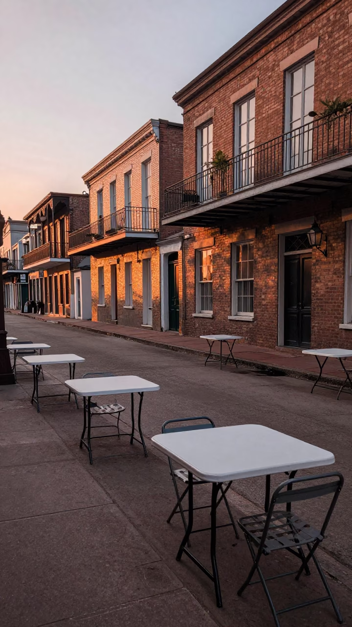 New Orleans French Quarter Street Scene with Folding Tables in Copper Light in in New Orleans, Louisiana, United States