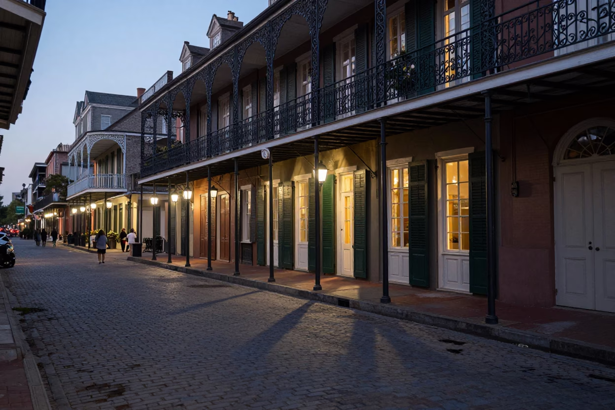 New Orleans French Quarter street scene with iron balconies and city lights at dusk in in New Orleans, Louisiana, United States