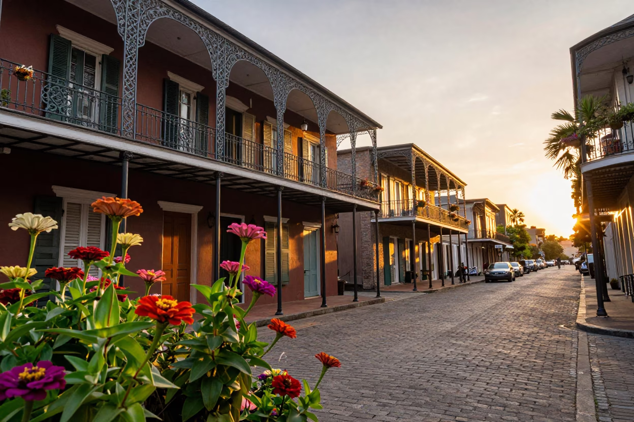 New Orleans French Quarter Sunset Street Scene with Colorful Zinnias and Historic Architecture in in New Orleans, Louisiana, United States