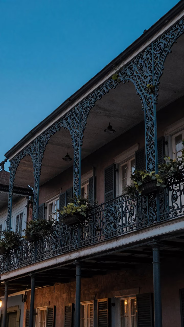New Orleans French Quarter wrought iron balconies and moss at twilight with street lamps in in New Orleans, Louisiana, United States