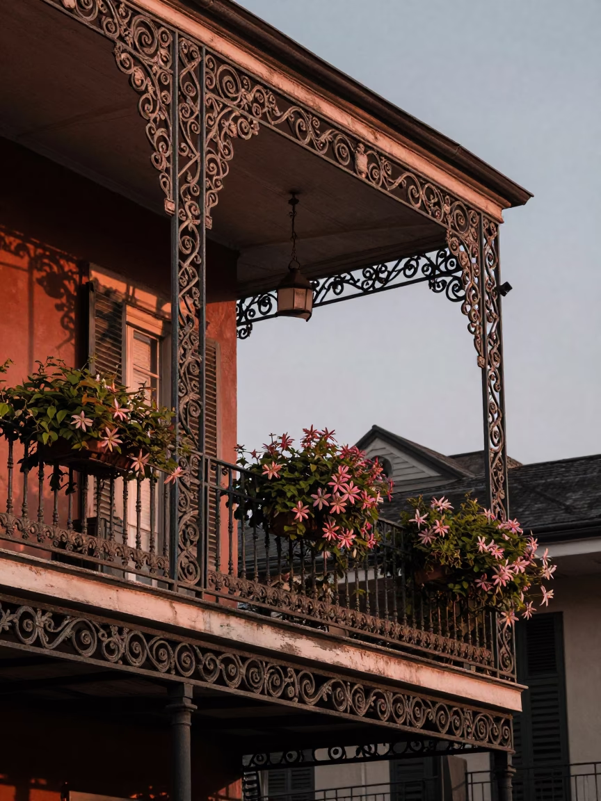 New Orleans French Quarter wrought iron balcony with clematis vine in copper dusk light in in New Orleans, Louisiana, United States