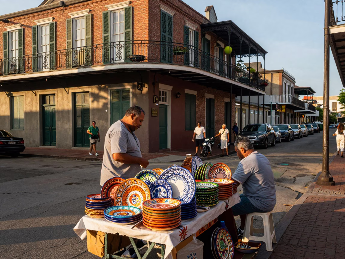 New Orleans Golden Hour Street Scene with Majolica Plates and Local Atmosphere in in New Orleans, Louisiana, United States