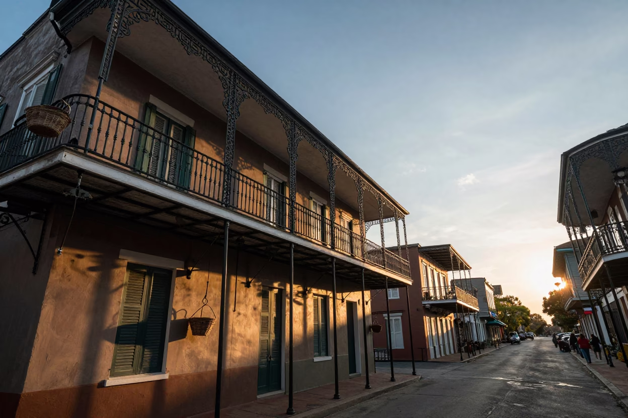 New Orleans Historic Quarter at As The Sun Drops Toward The Horizon in in New Orleans, Louisiana, United States