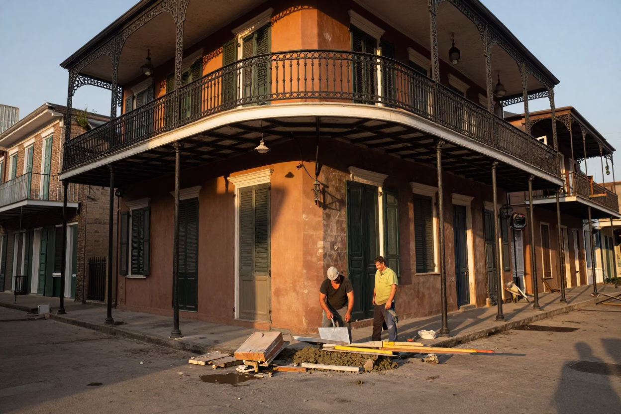 New Orleans Honeyed Evening Light Masonry Work and Iron Balconies in in New Orleans, Louisiana, United States