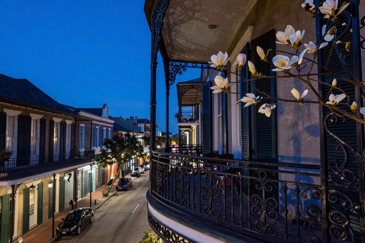 New Orleans indigo twilight ironwork balcony with magnolia bloom and vintage plate in in New Orleans, Louisiana, United States
