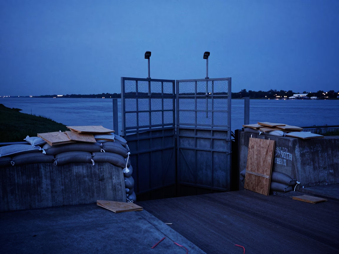 New Orleans indigo twilight levee floodgate scene with sandbags and plywood stacks in in New Orleans, Louisiana, United States