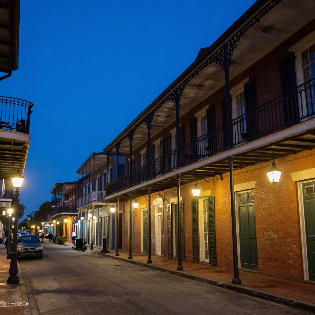 New Orleans indigo twilight street scene with iron balconies and city lights in in New Orleans, Louisiana, United States