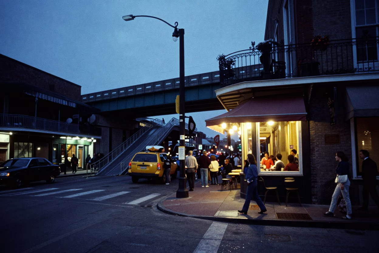 New Orleans indigo twilight street scene with overpass interchange ramp and local nightlife activity in in New Orleans, Louisiana, United States