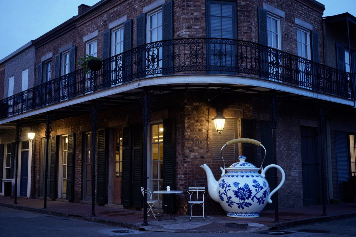 New Orleans Indigo Twilight Street Scene with Porcelain Tea Kettle and Condensation in in New Orleans, Louisiana, United States