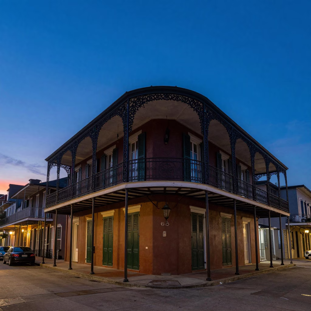 New Orleans indigo twilight street scene with wrought iron balconies and bougainvillea in in New Orleans, Louisiana, United States