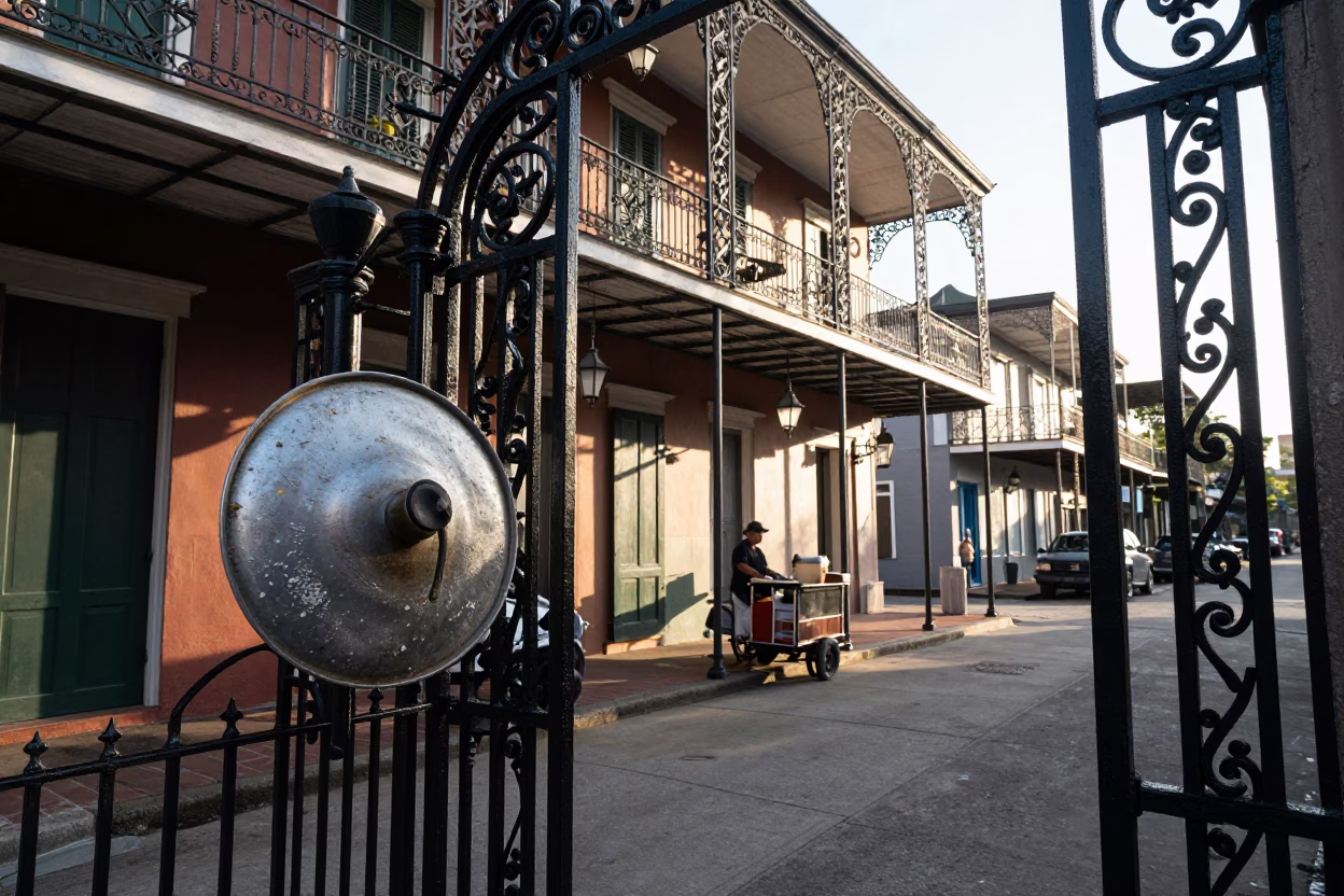 New Orleans Iron Gate With Grease Stained Kettle Lid And Beaded Sandals in in New Orleans, Louisiana, United States