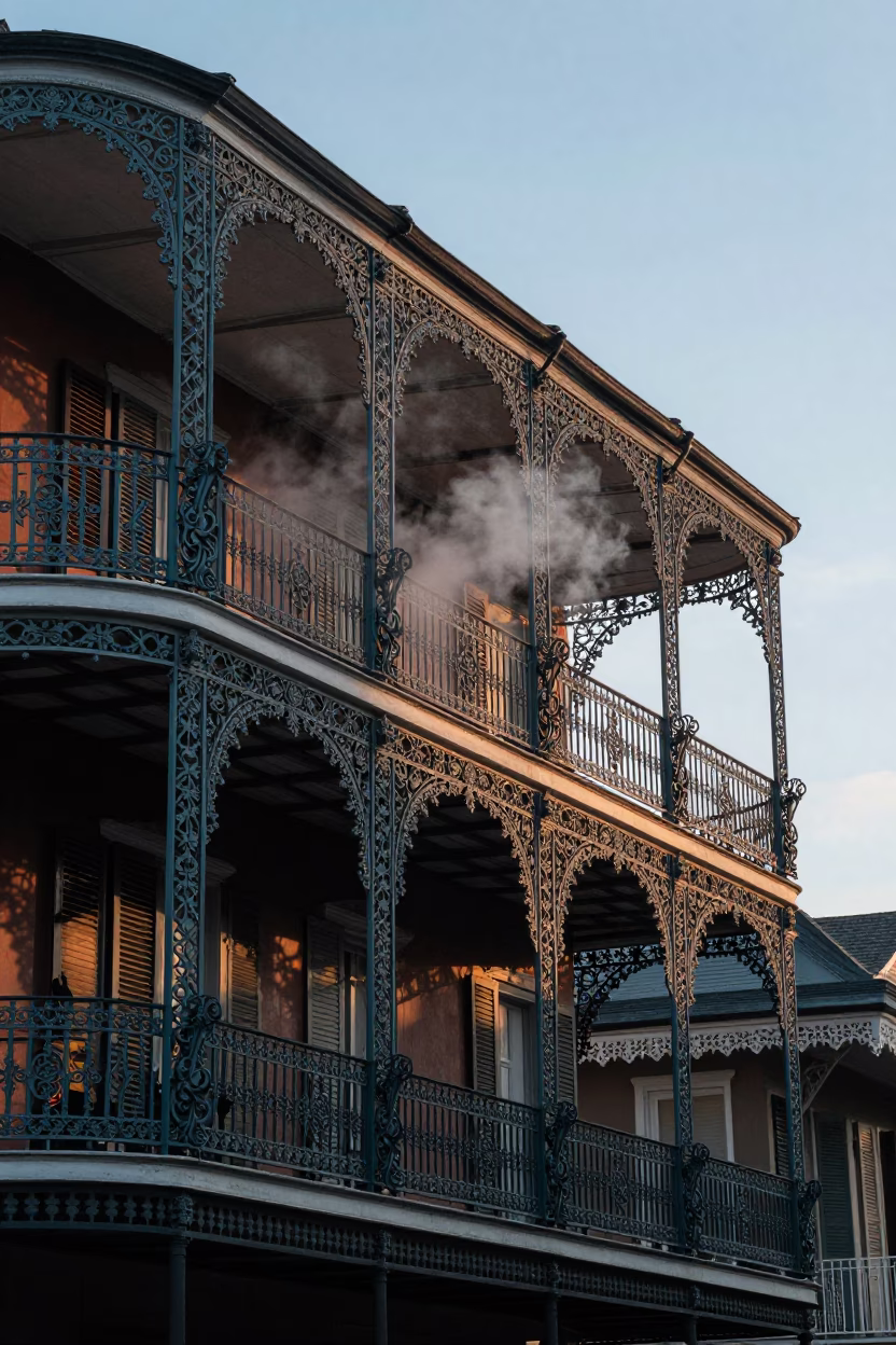 New Orleans Ironwork Balcony at Dawn with Steaming District Heating Pipe in in New Orleans, Louisiana, United States