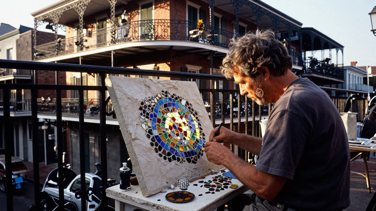 New Orleans Ironwork Balcony Mosaic Artist Working at Dawn in in New Orleans, Louisiana, United States