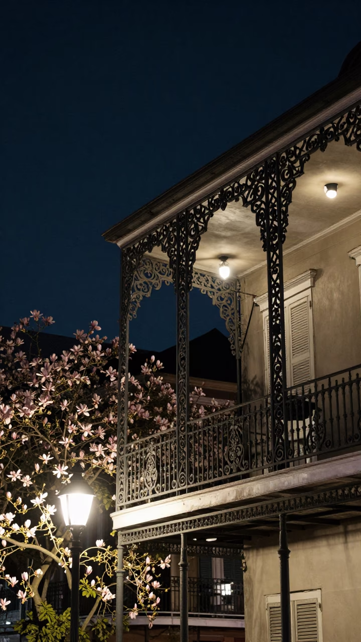 New Orleans Ironwork Balcony Night Scene with Streetlights and Magnolia Trees in in New Orleans, Louisiana, United States