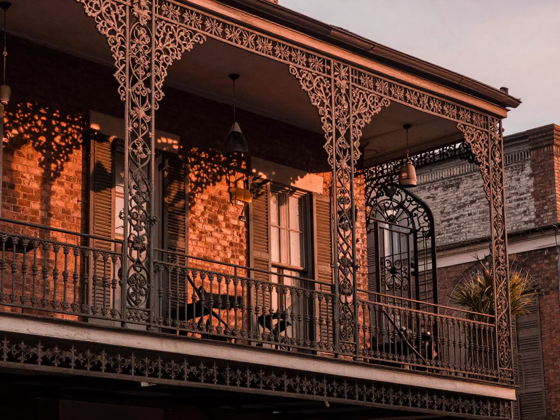 New Orleans Ironwork Balcony Scene in Copper Toned Light Before Dusk in in New Orleans, Louisiana, United States