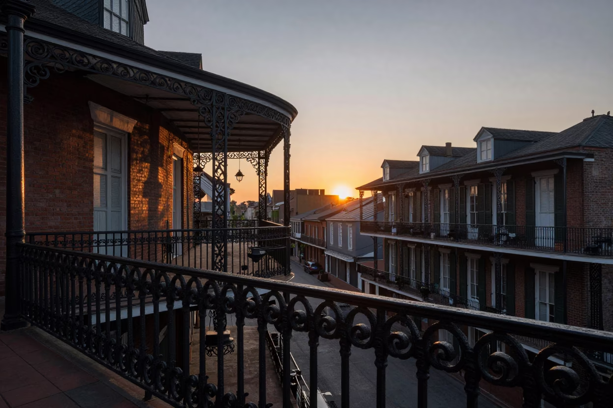 New Orleans Ironwork Sunset at As The Sun Drops Toward The Horizon in in New Orleans, Louisiana, United States