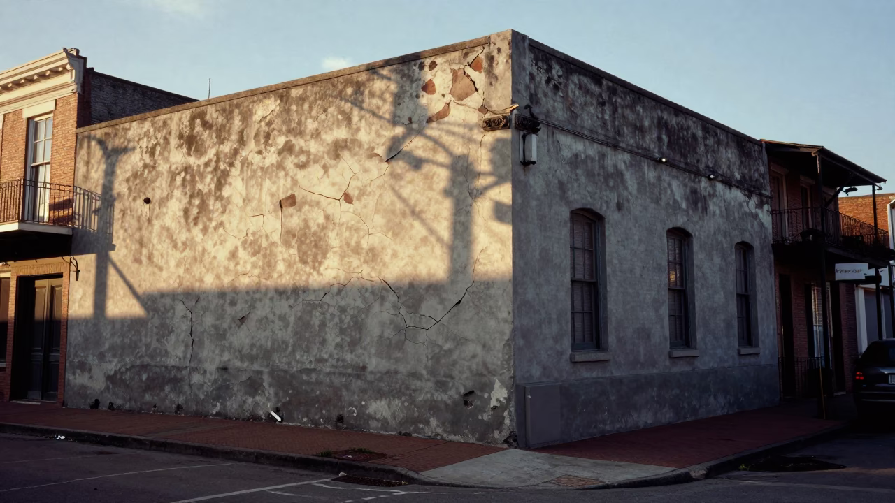 New Orleans Late Afternoon Street Scene with Cracked Stucco and Metro Rail Transit in in New Orleans, Louisiana, United States