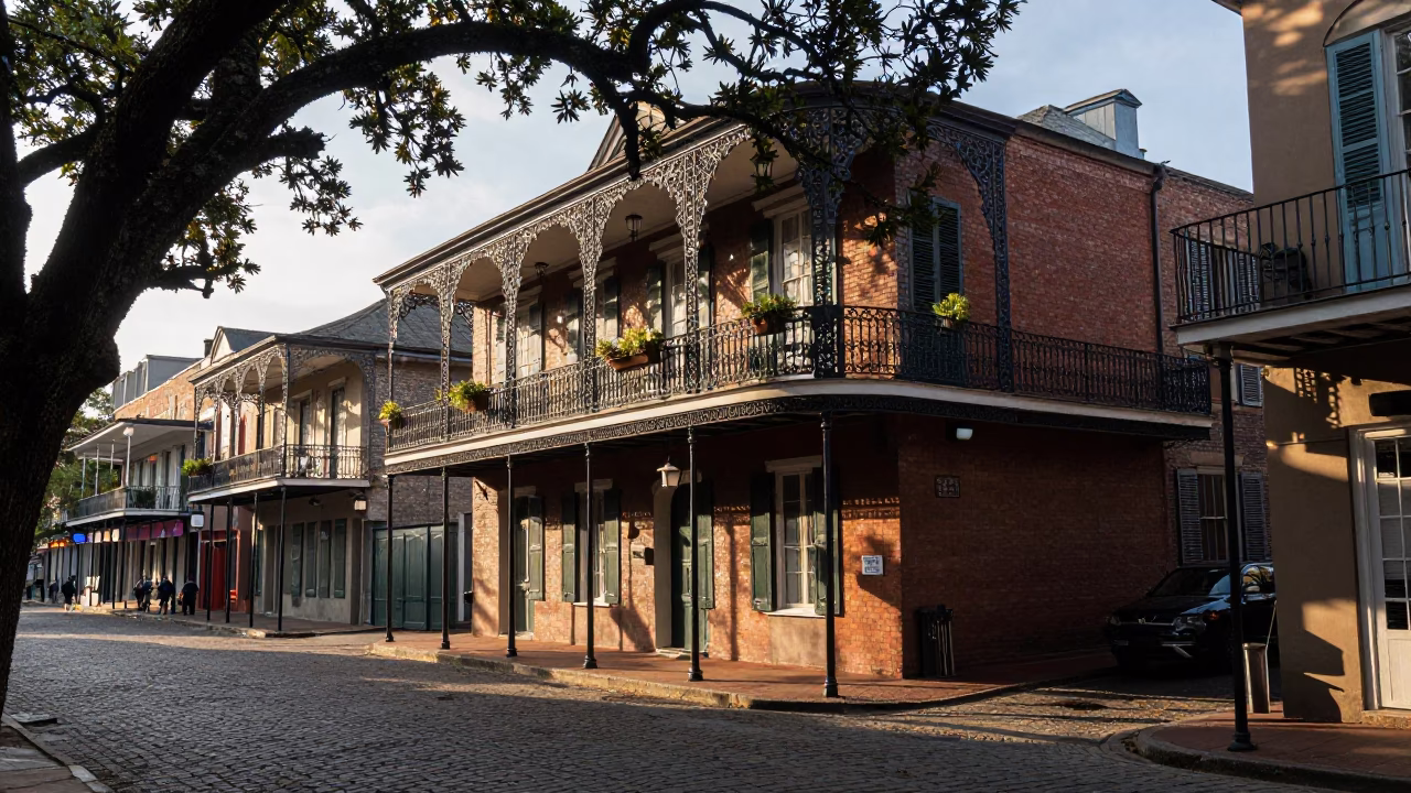 New Orleans Late Afternoon Street Scene with Iron Balconies and Oak Trees in in New Orleans, Louisiana, United States