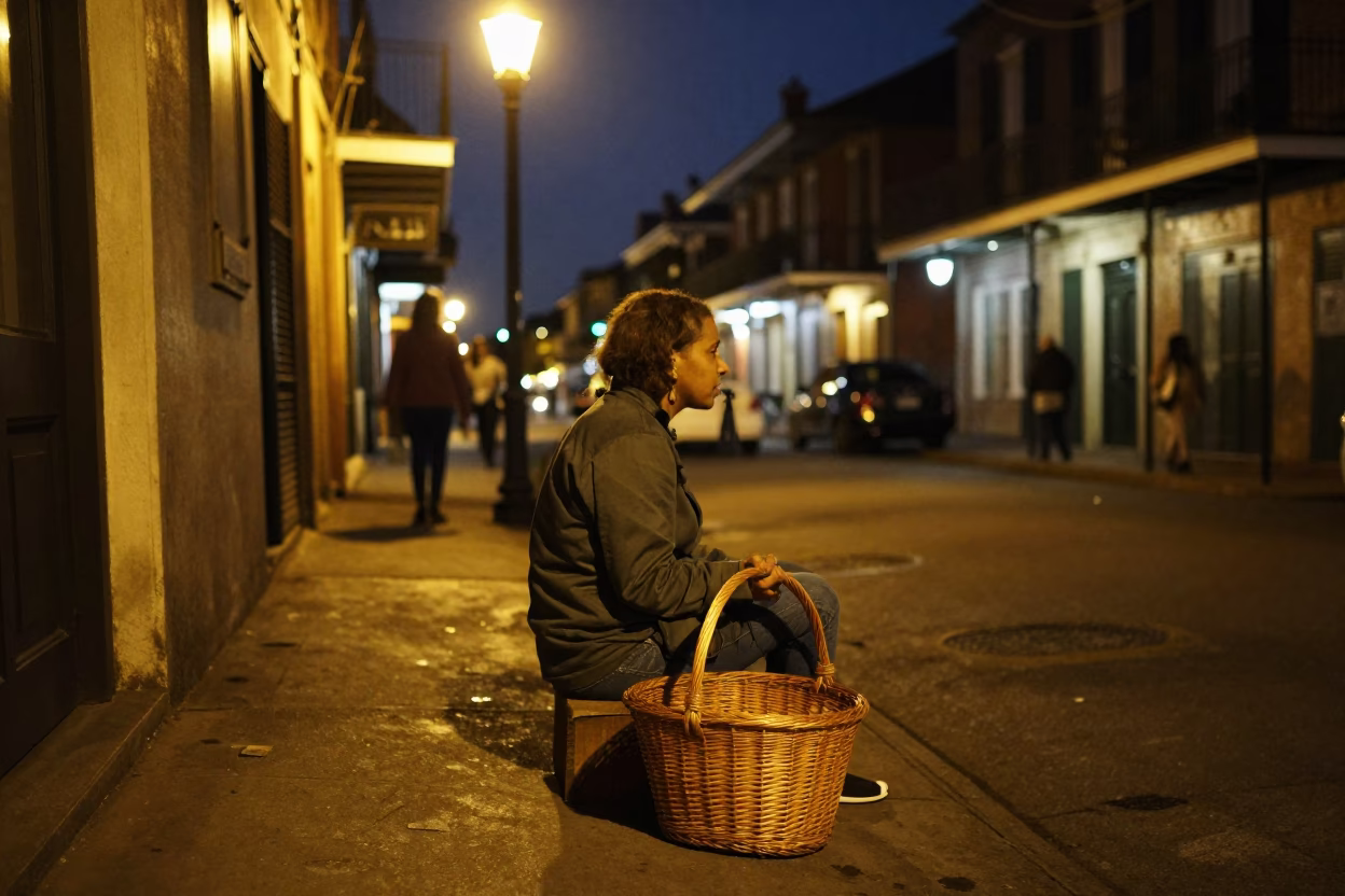 New Orleans Late Night Street Scene with Wicker Basket and Spinning Top in in New Orleans, Louisiana, United States