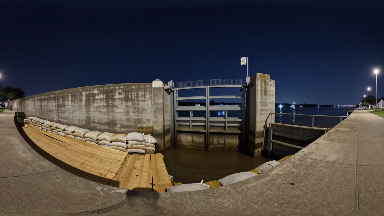 New Orleans Levee Floodgate Beside Plywood and Sandbags Under Deep Night Sky in in New Orleans, Louisiana, United States