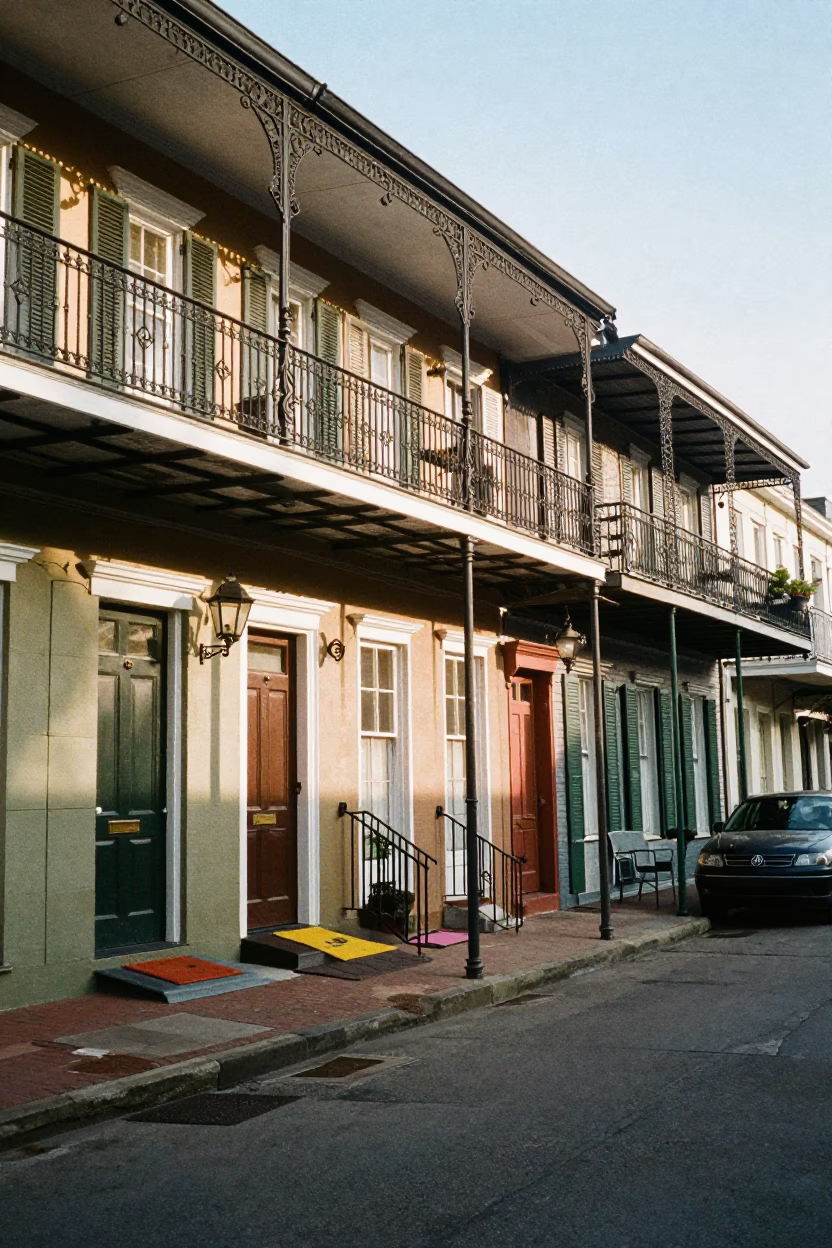 New Orleans Louisiana Street Scene Late Afternoon with Iron Balconies and Door Mats in in New Orleans, Louisiana, United States