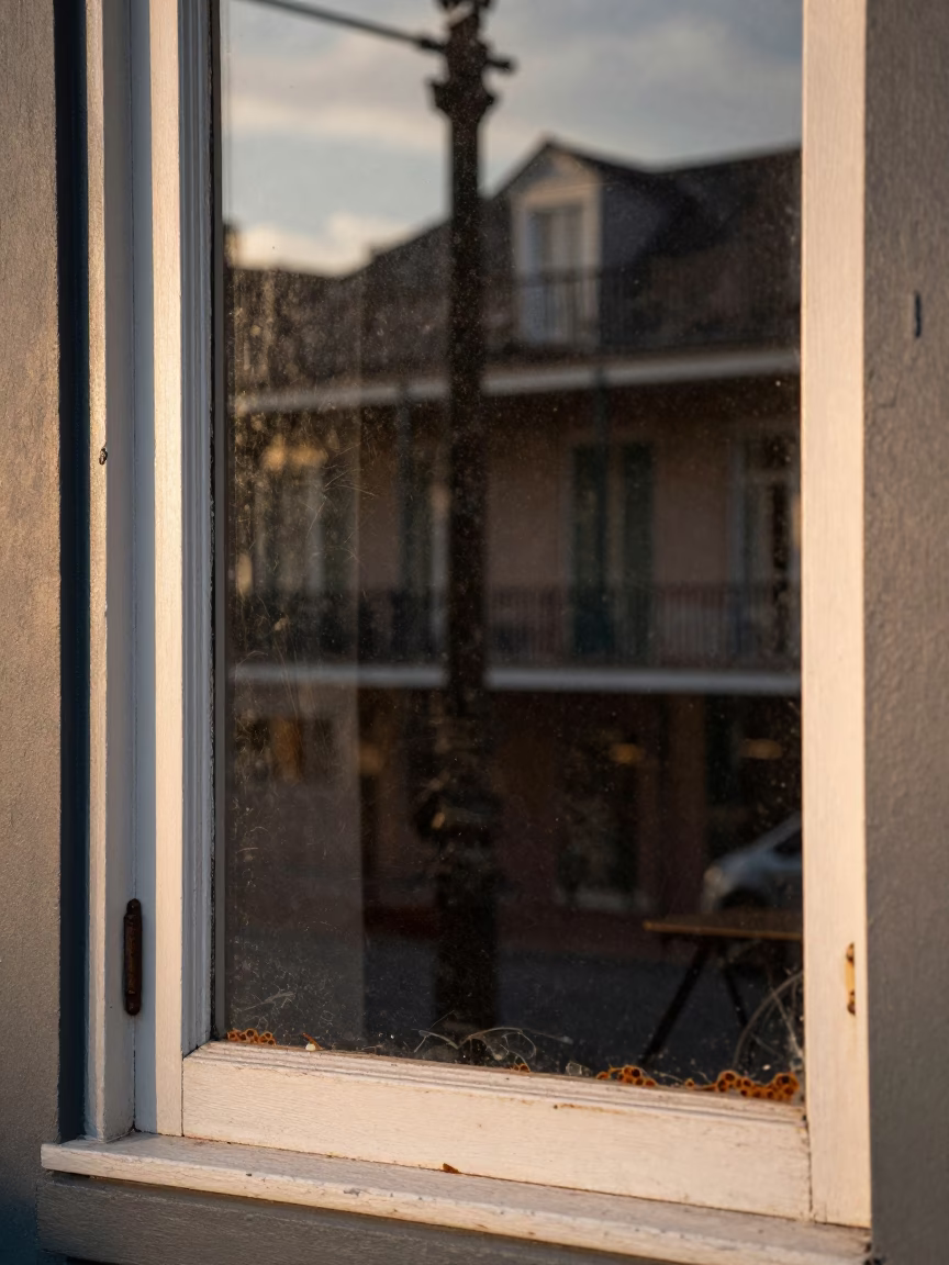 New Orleans Mirror Frame Reflected French Quarter Shop Window During Honeyed Evening Light in in New Orleans, Louisiana, United States