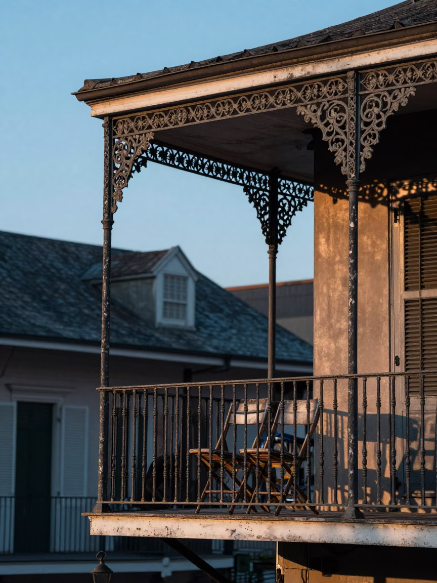 New Orleans Morning Light Falls on Weathered Iron and Local Details in in New Orleans, Louisiana, United States