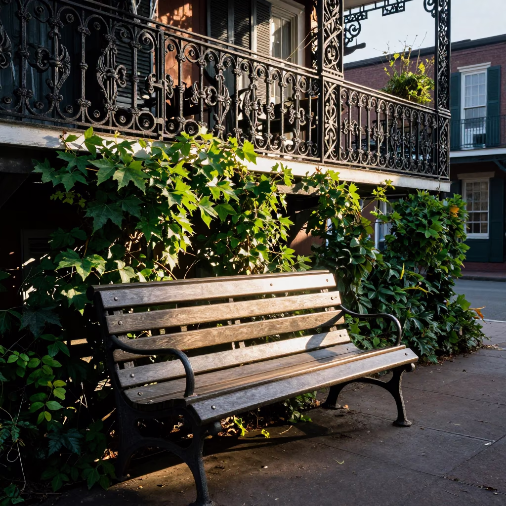 New Orleans Morning Light on French Quarter Bench with Ivy and Succulents in in New Orleans, Louisiana, United States