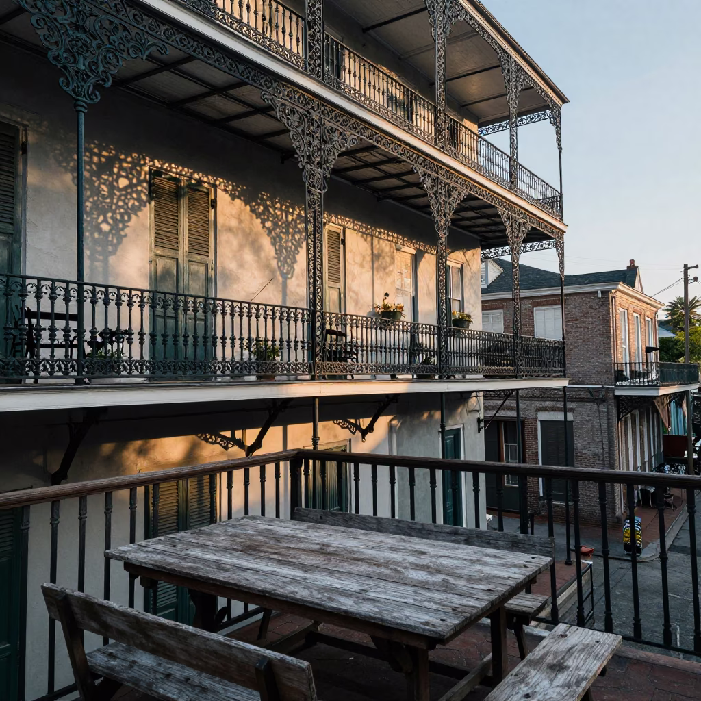 New Orleans Morning Light on Wrought Iron Balconies with Scattered Kitchen Items in in New Orleans, Louisiana, United States
