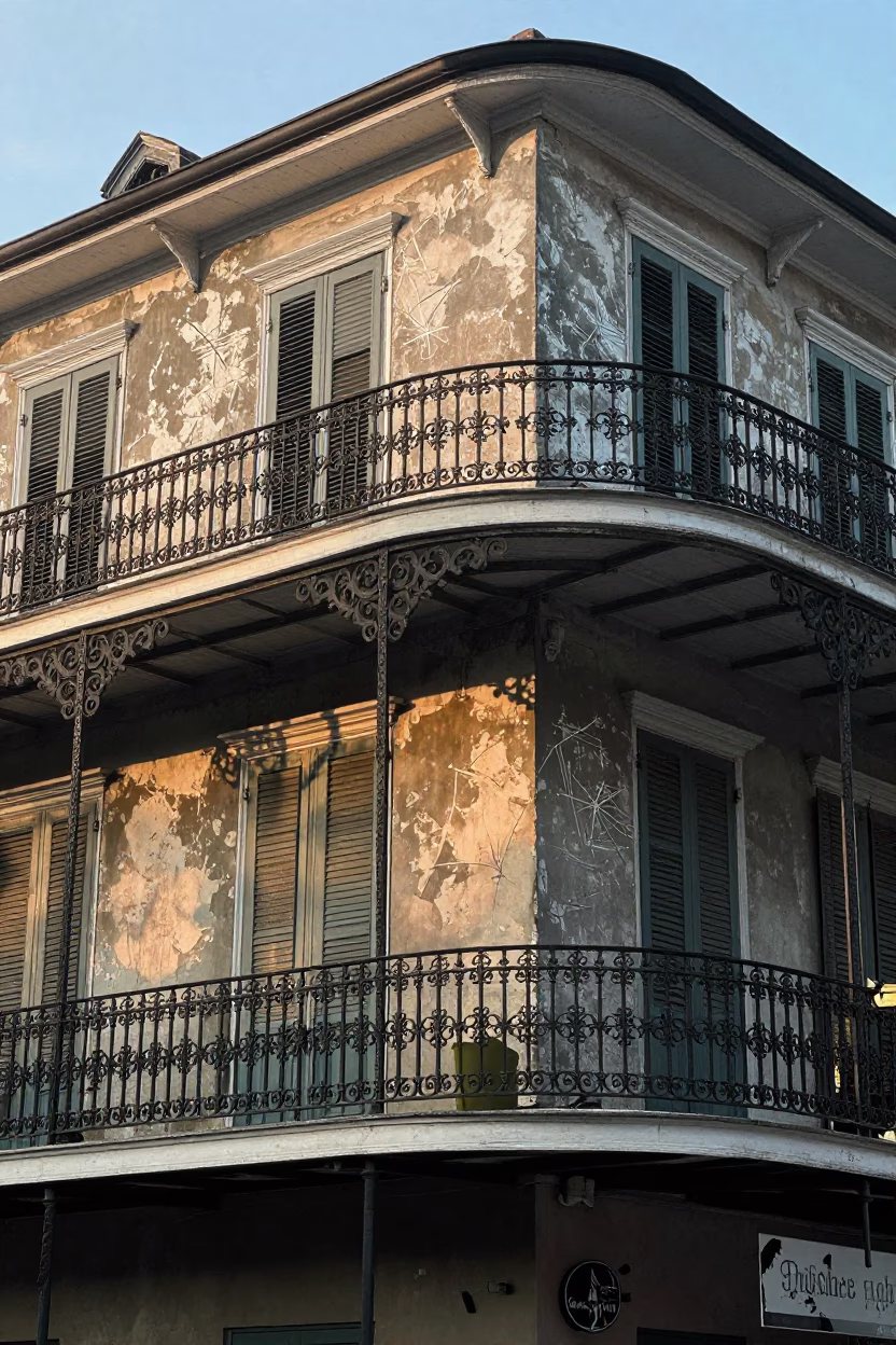 New Orleans Morning Light on Wrought Iron Balconies with Scratched Plaster Walls in in New Orleans, Louisiana, United States