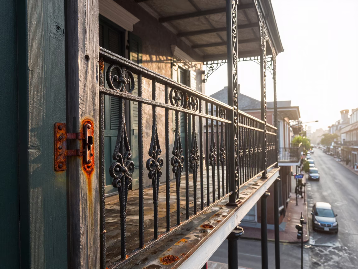 New Orleans Morning Light on Wrought Iron Balcony with Rusty Latch and String Lights in in New Orleans, Louisiana, United States