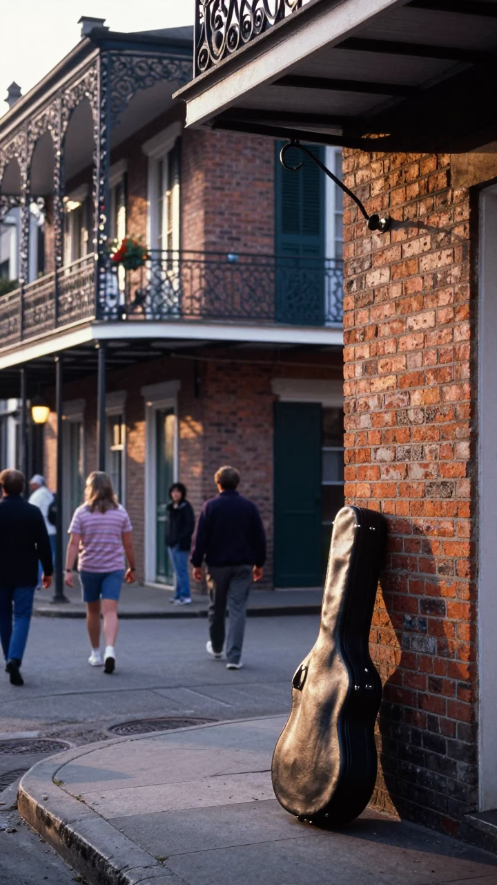 New Orleans Morning Street Scene with Guitar Case and Local Activity in in New Orleans, Louisiana, United States