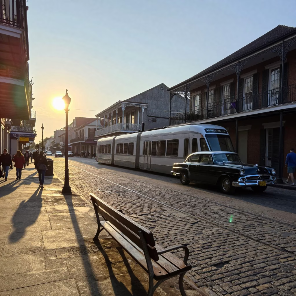 New Orleans Morning Street Scene with Monorail and Water Rings on Bench in in New Orleans, Louisiana, United States