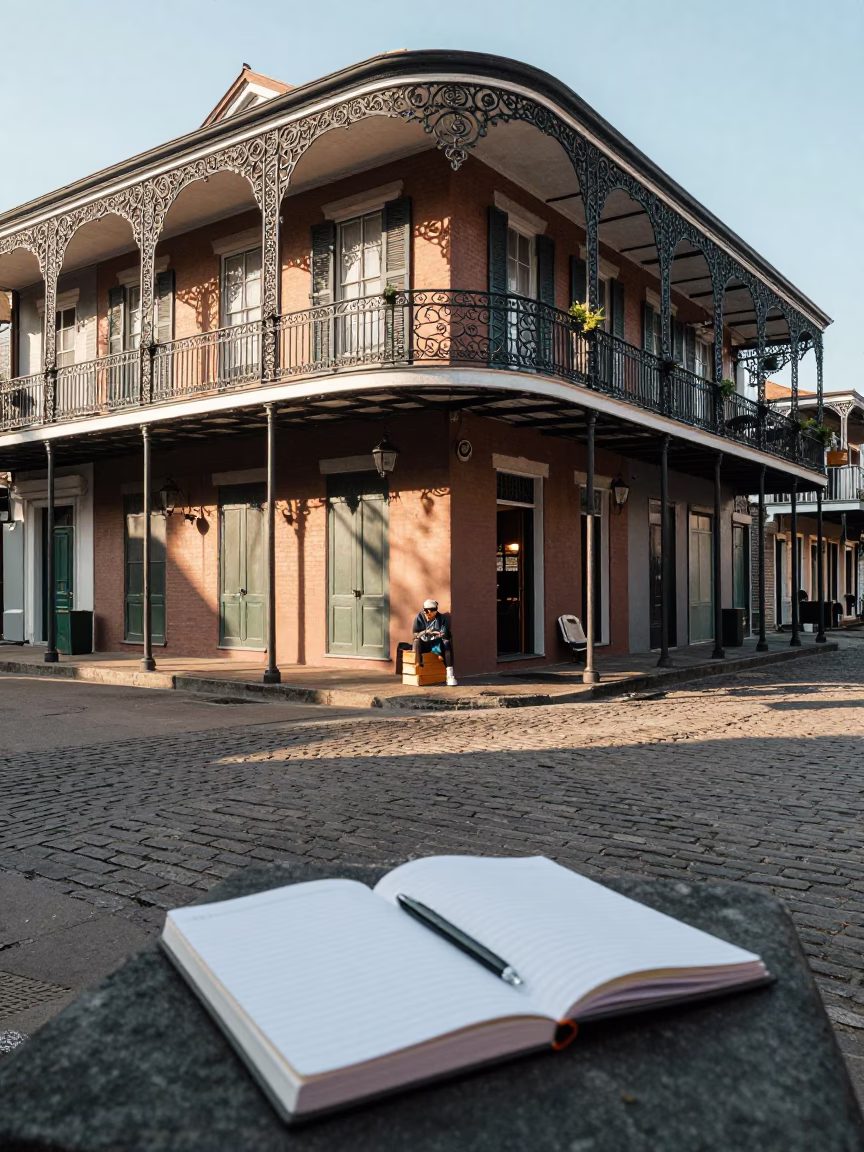 New Orleans Morning Street Scene with Notebook and Books on Wicker Basket in in New Orleans, Louisiana, United States