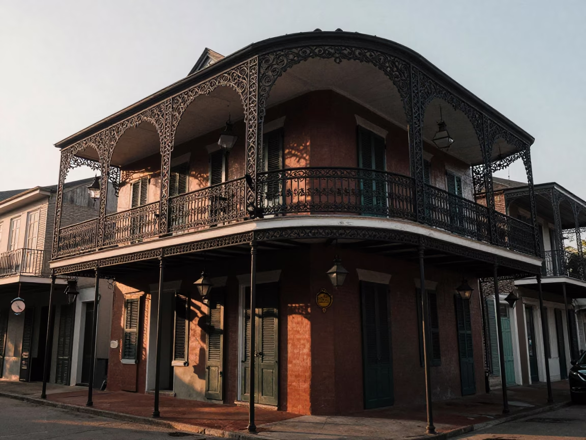 New Orleans Morning Street Scene with Wrought Iron Balconies and Bougainvillea at Nautical Dawn in in New Orleans, Louisiana, United States