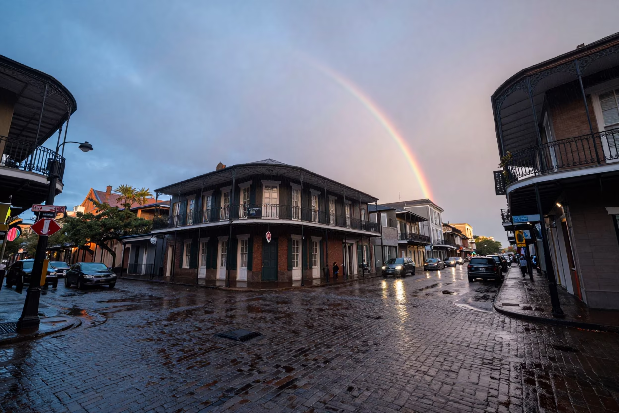 New Orleans Nautical Dawn Street Scene with Rainbows and Rain Gear in in New Orleans, Louisiana, United States