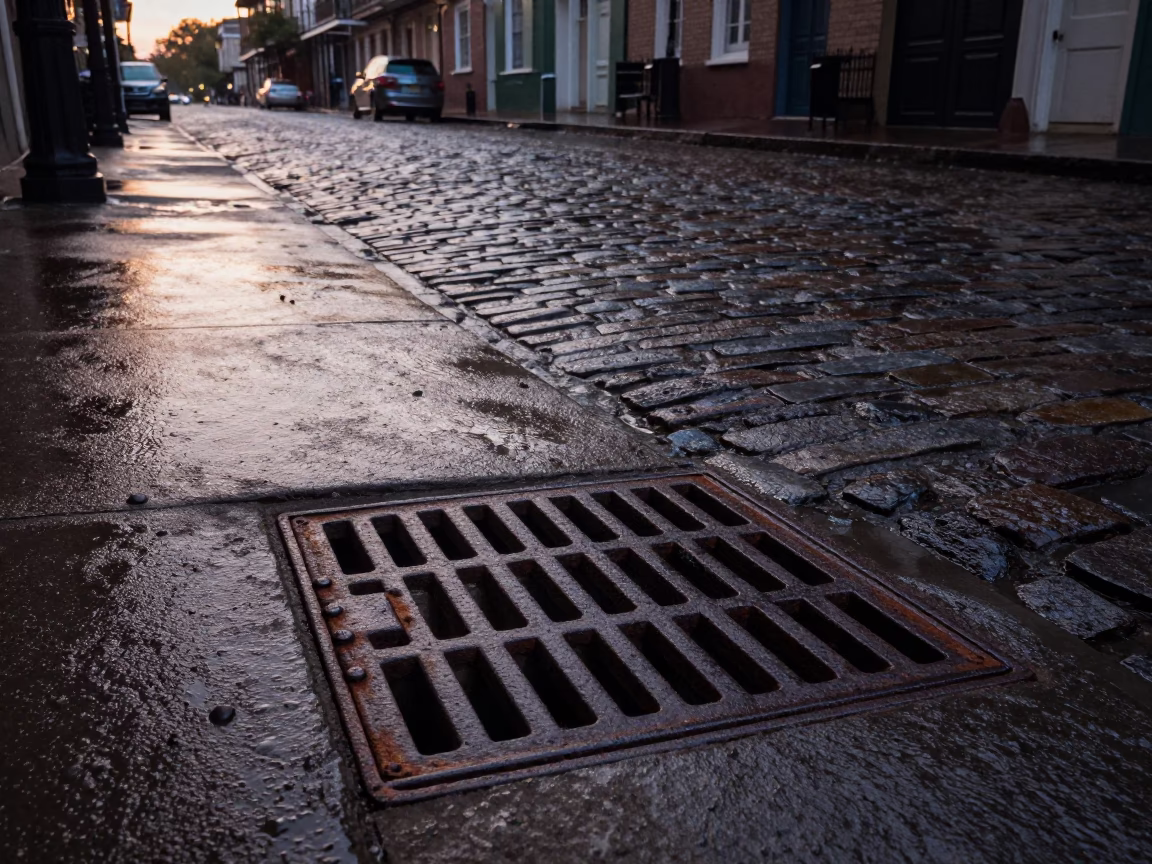 New Orleans Nautical Dawn Street Scene with Rusty Drain and Grease Sheen in in New Orleans, Louisiana, United States