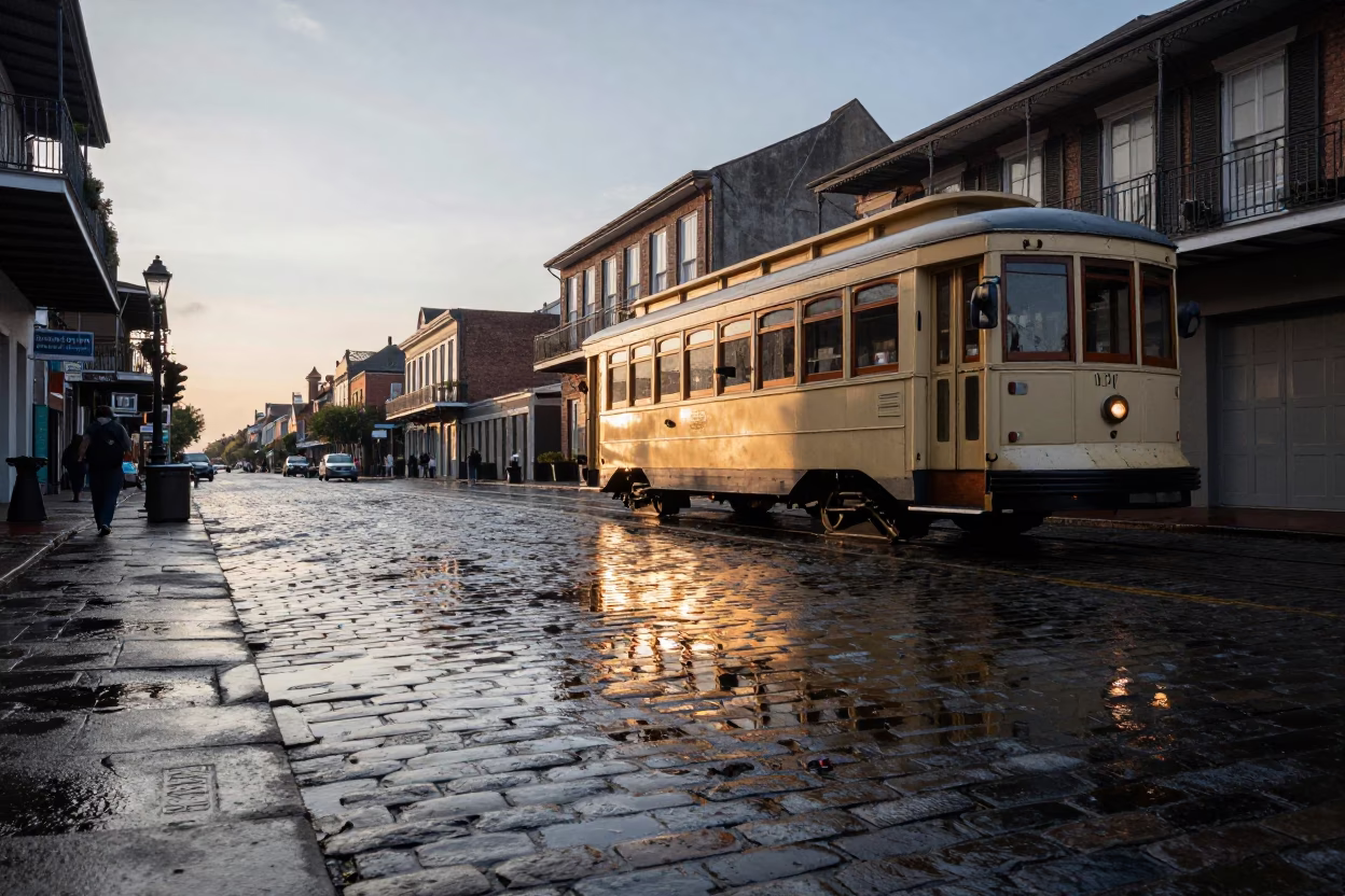 New Orleans Nautical Dawn Tramcar Reflection on Wet Cobblestones in in New Orleans, Louisiana, United States
