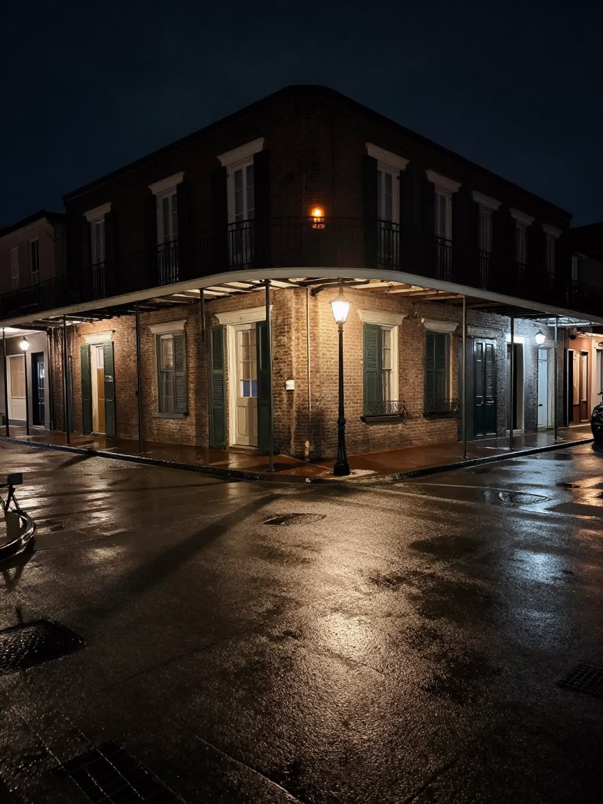 New Orleans Night Street Scene with Candle Light and Wet Cobblestones in in New Orleans, Louisiana, United States