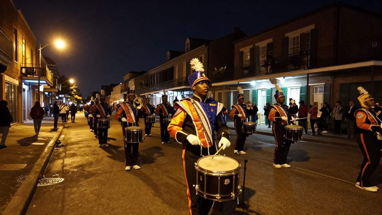 New Orleans Nightlife Drum Major Leading Marching Band in Deep Night Louisiana Street Scene in in New Orleans, Louisiana, United States