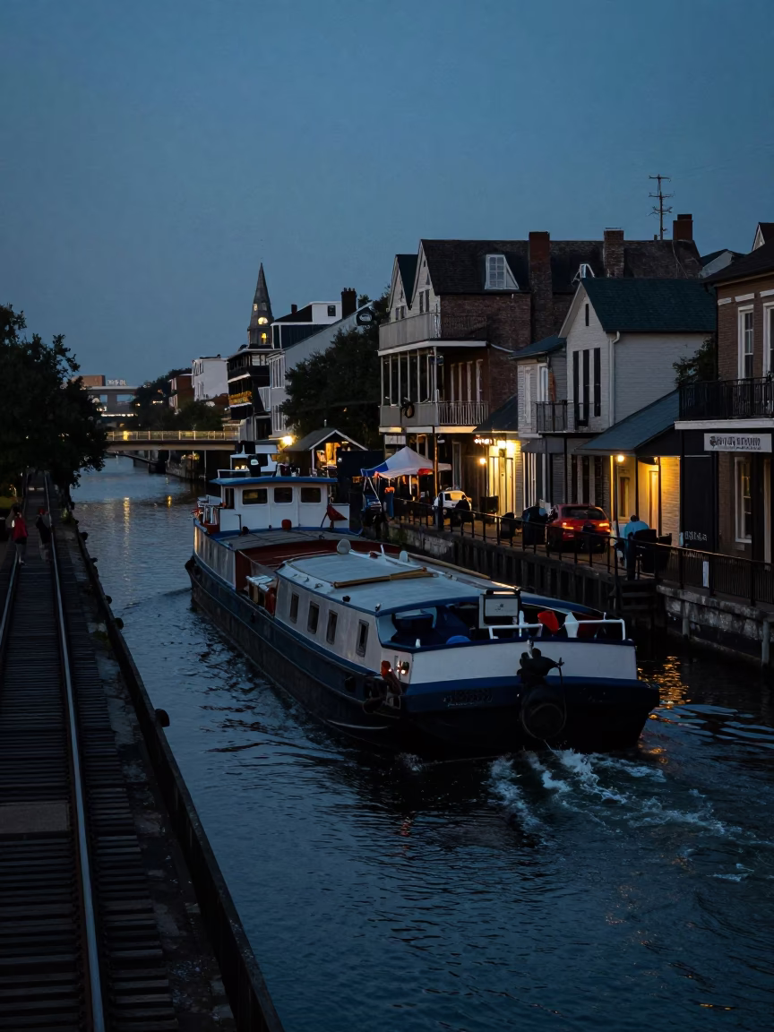 New Orleans Predawn Street Scene with Canal Barge and Railway Signal Cabin in in New Orleans, Louisiana, United States