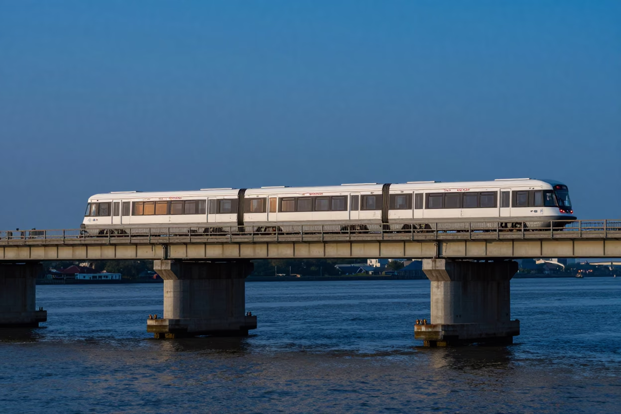 New Orleans Riverfront Monorail and Bridge Piers at Blue Hour Early Evening in in New Orleans, Louisiana, United States
